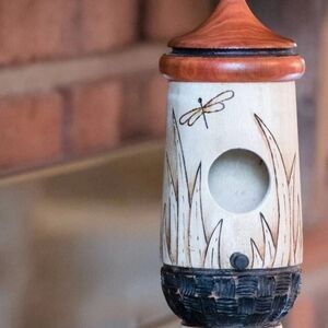 Handcrafted Wooden Hummingbird house with Dragonfly Design